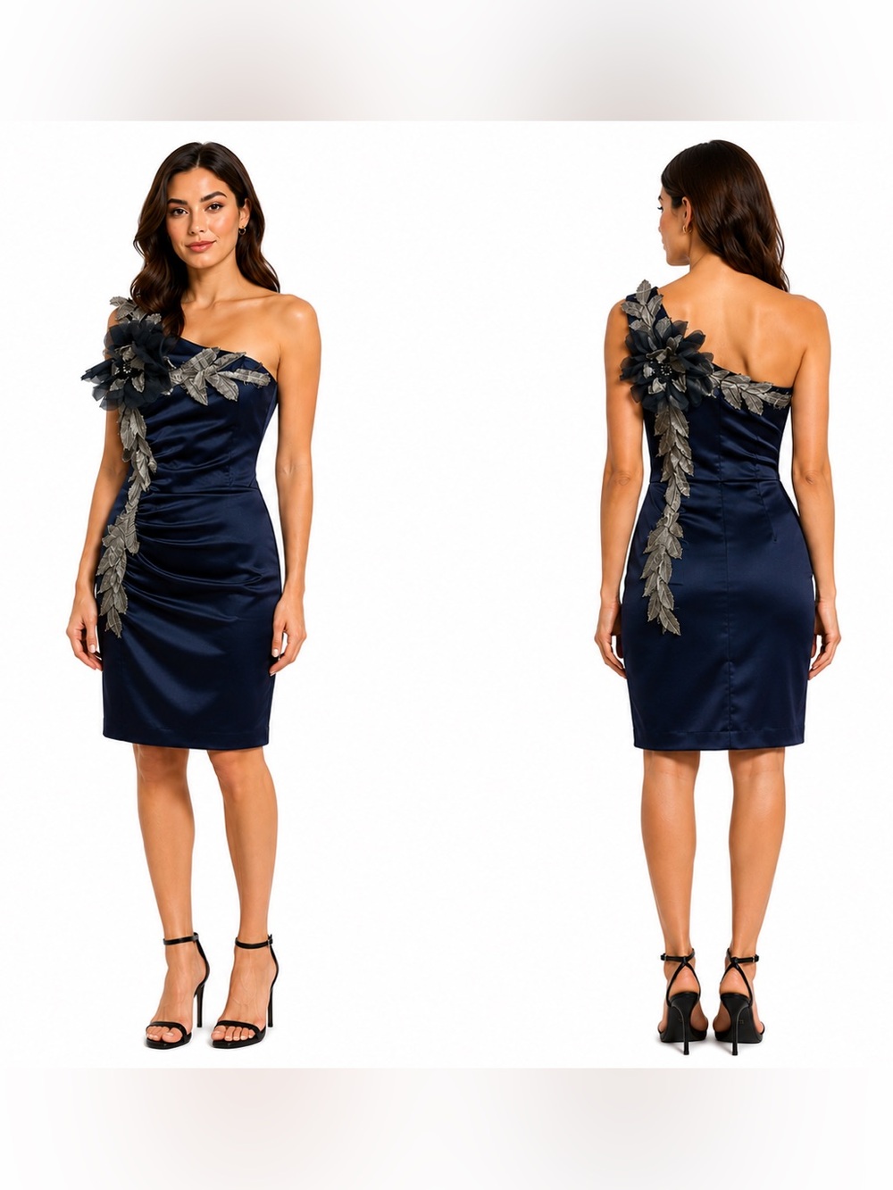 Faviana NY One Shoulder Floral Rosette Satin Mini Dress Navy Blue Size 6